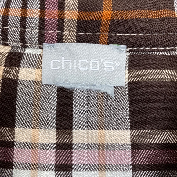 Chico’s Brown Orange Pink Plaid Long Sleeve Ruffle Button Up Top - Picture 4 of 6